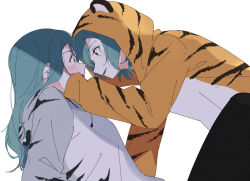 Rule 34 | 2girls, animal hood, aqua hair, bang dream!, blush, chinese zodiac, commentary request, green eyes, hikawa hina, hikawa sayo, hood, hood down, hood up, incest, long hair, multiple girls, onesie, parted lips, partial commentary, shade, short hair, siblings, simple background, sisters, tiger hood, toto (sa-dosama), twincest, twins, white background, year of the tiger, yuri