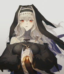 Rule 34 | 1girl, arknights, black dress, breasts, commentary request, dress, floating hair, grey background, grey hair, habit, hair between eyes, highres, interlocked fingers, large breasts, lingear, long sleeves, looking at viewer, nun, own hands clasped, own hands together, parted lips, puffy long sleeves, puffy sleeves, red eyes, simple background, solo, specter (arknights), upper body, veil