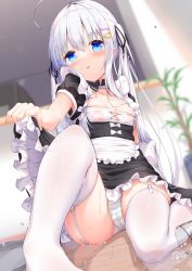 Rule 34 | 1girl, ahoge, apron, black dress, blue eyes, blush, breasts, clothes lift, cup, dress, dress lift, drinking glass, fallen down, garter straps, hair ornament, hairclip, highres, ice, indoors, knee up, legs, lifting own clothes, long hair, maid, no shoes, on floor, original, panties, pantyshot, ribbon, see-through, silver hair, sironora, sitting, small breasts, solo, striped clothes, striped panties, thighhighs, thighs, twintails, underwear, upskirt, waist apron, water, wet, wet clothes, white apron, white thighhighs