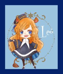 Rule 34 | 1girl, animal ears, black pantyhose, blue border, blue dress, blue eyes, blue gloves, blue hat, blush, border, brown hair, cerika, dress, fangs, full body, gloves, hat, highres, leo (zodiac), lion ears, lion girl, lion tail, long hair, looking at viewer, open mouth, original, outstretched arm, pantyhose, solo, tail, zodiac