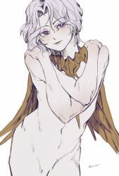 Rule 34 | 1boy, blush, completely nude, dark souls (series), dark souls i, dark sun gwyndolin, grey hair, hands up, highres, looking at viewer, male focus, navel, nude, parted bangs, purple eyes, short hair, simple background, solo, translation request, white background, wings, zunkome