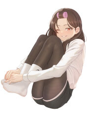 Rule 34 | 1girl, absurdres, black shorts, blush, brown hair, brown pantyhose, commentary, eyelashes, feet, forehead, full body, ghhoward, hair rollers, hands on own feet, highres, hugging own legs, knees up, legs, long hair, long legs, long sleeves, looking at viewer, no shoes, one eye closed, original, pantyhose, pantyhose under shorts, red eyes, ribbed socks, shirt, short shorts, shorts, simple background, smile, socks, socks over pantyhose, solo, thighs, toes, white background, white shirt, white socks