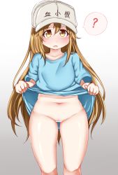Rule 34 | 10s, 1girl, ?, akaki tsubasa, bar censor, blonde hair, blue shirt, bottomless, brown eyes, brown hair, censored, character name, clothes lift, clothes writing, collarbone, female focus, flat chest, gradient background, grey background, grey hat, hair between eyes, hands up, hat, hataraku saibou, highres, japanese text, lifting own clothes, long hair, looking at viewer, looking up, navel, no panties, open mouth, platelet (hataraku saibou), pussy, shiny skin, shirt, shirt lift, short sleeves, simple background, solo, speech bubble, spoken question mark, standing, translated, white background, yellow eyes