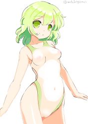 Rule 34 | 1girl, bare arms, bare shoulders, breasts, cameltoe, cleft of venus, commentary request, cowboy shot, green eyes, green hair, hamaburicchi, head tilt, highleg, highleg swimsuit, komeiji koishi, medium breasts, medium hair, navel, nipples, one-piece swimsuit, pussy, see-through, simple background, smile, solo, stomach, swimsuit, touhou, twitter username, white background