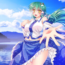 Rule 34 | 1girl, bare shoulders, beckoning, blue skirt, blue sky, blush, breasts, clothes lift, cloud, collared shirt, cowboy shot, day, detached sleeves, diao ye zong, frilled skirt, frills, frog hair ornament, green hair, hair lift, hair ornament, hand on own chest, kochiya sanae, lake, large breasts, long hair, long sleeves, midriff, mountainous horizon, navel, open mouth, outdoors, outstretched arm, palms, photo background, sagano mito, shirt, single hair tube, skirt, skirt lift, sky, sleeveless, sleeveless shirt, smile, snake, solo, teeth, thighs, touhou, upper teeth only, white shirt, white sleeves, wide sleeves, wind, wind lift, yellow eyes