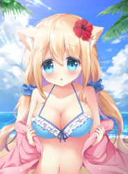 Rule 34 | 1girl, :o, animal ear fluff, animal ears, bad id, bad pixiv id, bare shoulders, beach, bikini, blonde hair, blue bikini, blue eyes, blue scrunchie, blue sky, blush, breasts, cleavage, cloud, cloudy sky, collarbone, commentary request, day, fingernails, flower, fox ears, frilled bikini, frills, front-tie bikini top, front-tie top, hair between eyes, hair flower, hair ornament, hair scrunchie, highres, horizon, jacket, large breasts, light brown hair, long hair, long sleeves, looking at viewer, low twintails, medium breasts, navel, ocean, off shoulder, original, outdoors, parted lips, pink jacket, red flower, satsuki yukimi, scrunchie, sky, sleeves past wrists, solo, swimsuit, twintails, upper body, very long hair, water