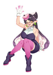 Rule 34 | 1girl, black dress, black footwear, blush, boots, bow-shaped hair, breasts, callie (splatoon), cephalopod eyes, cross-shaped pupils, dress, earrings, fangs, gloves, hat, inkling, jewelry, large breasts, little blood, looking at viewer, nintendo, open mouth, pink hat, pink thighhighs, pointy ears, sitting, sleeveless, sleeveless dress, smile, splatoon (series), splatoon 1, squid girl, symbol-shaped pupils, teeth, tentacle hair, tentacles, thighhighs, waving, white background, white gloves, yellow eyes