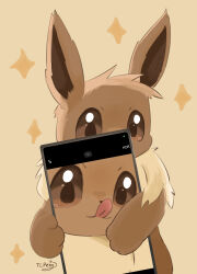 absurdres animal_focus brown_background brown_eyes brown_fur closed_mouth creatures_(company) eevee game_freak gen_1_pokemon highres holding licking_lips looking_at_viewer nintendo no_humans phone pokemon pokemon_(creature) signature simple_background smile solo tl_peng tongue tongue_out