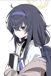 Rule 34 | 1girl, absurdres, bags under eyes, black hair, black shirt, blue archive, blue eyes, book, hugging book, cardigan, closed mouth, crossed bangs, hair between eyes, hair ribbon, hairband, halo, highres, holding, holding book, jewelry, long hair, long sleeves, looking at viewer, low twintails, necklace, hugging object, off shoulder, ribbon, shirt, simple background, sleeves past wrists, solo, sweatdrop, tsukamoto minori, turtleneck, twintails, ui (blue archive), upper body, white background, white shirt