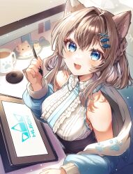 Rule 34 | 1girl, :d, animal ears, bare shoulders, black skirt, blue eyes, blue jacket, blush, braid, brown hair, cat ears, cat girl, center frills, coffee mug, collared shirt, commentary request, cup, drawing tablet, fang, fish hair ornament, frilled shirt, frills, from above, hair between eyes, hair ornament, high-waist skirt, highres, holding, holding stylus, ichiyume ichiyu, jacket, long sleeves, looking at viewer, medium hair, monitor, mug, off shoulder, open mouth, original, raised eyebrows, shirt, shirt tucked in, sidelocks, skin fang, skirt, sleeveless, sleeveless shirt, smile, solo, sticky note, stylus, x hair ornament