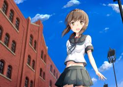 Rule 34 | 10s, 1girl, ame., arm behind back, black skirt, blue sky, blush, brown eyes, brown hair, building, cloud, commentary, day, eyebrows, from below, fubuki (kancolle), fubuki kai ni (kancolle), hair between eyes, kantai collection, lamppost, looking at viewer, matching hair/eyes, navel, neckerchief, open mouth, outdoors, pleated skirt, school, school uniform, serafuku, skirt, sky, smile, solo, teeth, window