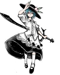 Rule 34 | 1girl, alternate costume, alternate hair length, alternate hairstyle, alternate weapon, backhand grip, blue hair, dress shirt, food, fruit, full body, hand on headwear, hat, hat lift, hat tip, hinanawi tenshi, holding, holding sword, holding weapon, huge weapon, i-la, lace, leaf, mary janes, peach, red eyes, reverse grip, shirt, shoes, short hair, simple background, sleeves rolled up, socks, solo, sword, touhou, weapon, white background, white shirt, white socks