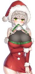 Rule 34 | 1girl, artist name, bare shoulders, breasts, cleavage, dungeon and fighter, green ribbon, grey hair, hat, highres, large breasts, long sleeves, looking at viewer, mouth hold, poho, red hat, ribbon, ribbon in mouth, santa costume, santa hat, short hair, sidelocks