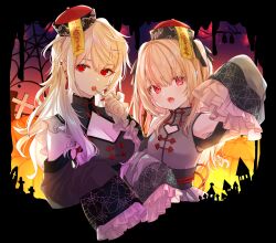 2girls black_border blonde_hair border breasts candy cleavage_cutout clothing_cutout earrings food halloween highres holding holding_candy holding_food holding_lollipop jewelry jiangshi jiangshi_costume kuzuha_(nijisanji) lollipop long_hair looking_at_viewer makaino_ririmu medium_breasts medium_hair multiple_girls nail_polish nijisanji open_mouth pointy_ears red_eyes red_nails sanya_(kuzuha) silk sleeves_past_wrists small_breasts spider_web tassel tassel_earrings tojo_(natumi1412) tombstone virtual_youtuber