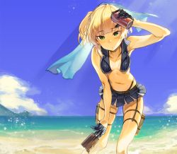 Rule 34 | 1girl, adapted costume, arm up, beach, bikini, bikini skirt, black gloves, blue skirt, blue sky, blunt bangs, blush, breasts, can, cloud, coca-cola, day, drink can, girls&#039; frontline, gloves, half gloves, holding, holding can, leaning forward, light rays, navel, olys, outdoors, short hair, sidelocks, skirt, sky, small breasts, soda can, solo, sunbeam, sunlight, suspenders, swimsuit, thigh strap, tsurime, twintails, two side up, welrod mkii (girls&#039; frontline)