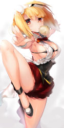 Rule 34 | 1girl, ahoge, anklet, armpits, baozi, bikini, bikini top only, black bikini, black footwear, blonde hair, boots, bow, bowtie, breasts, brown eyes, buttons, corset, female focus, fighting stance, food, groin, hair ornament, highres, jewelry, large breasts, leg up, looking at viewer, mouth hold, naso4, original, outstretched arms, plantar flexion, red skirt, short hair, sideboob, simple background, skirt, solo, standing, standing on one leg, swimsuit, two side up, white background, yellow bow, yellow bowtie