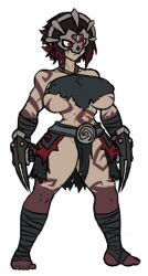 Rule 34 | 1girl, abs, bandaged arm, bandaged leg, bandages, barefoot, belt, bodypaint, breasts, brown hair, clawed gauntlets, claws, concept art, darkest dungeon, full body, large breasts, loincloth, mask, multicolored hair, no bra, red eyes, short hair, skull mask, solo, standing, strap, transparent background, two-tone hair, xelsword