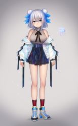 Rule 34 | 1girl, absurdres, bare shoulders, belt, belt buckle, blue eyes, blue ribbon, breasts, brown sweater, buckle, commentary request, double bun, full body, grey background, grey hair, hair between eyes, hair bun, hair ornament, hair ribbon, hairclip, high heels, highres, hoshimiya aki, jacket, jellyfish, large breasts, long sleeves, looking at viewer, off shoulder, open clothes, open jacket, original, parted lips, pleated skirt, puffy long sleeves, puffy sleeves, red socks, ribbed sweater, ribbon, shoes, skirt, sleeveless, sleeveless sweater, sleeves past wrists, socks, solo, standing, sweater, tachi-e, white jacket