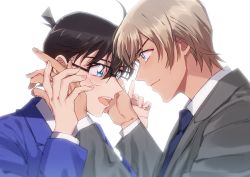 Rule 34 | 2boys, :d, amuro tooru, backlighting, bespectacled, black-framed eyewear, blazer, blonde hair, blue eyes, blue jacket, blue neckwear, blush, brown hair, closed mouth, commentary request, eye contact, fingernails, formal, from side, glasses, grey jacket, grey suit, hair between eyes, hand on another&#039;s hand, hands on another&#039;s cheeks, hands on another&#039;s face, hands up, happy, jacket, k (gear labo), kudou shin&#039;ichi, looking at another, male focus, meitantei conan, multiple boys, necktie, open mouth, school uniform, short hair, simple background, smile, suit, tearing up, teeth, teitan high school uniform, upper body, upper teeth only, white background, yaoi