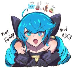 Rule 34 | absurdres, ahoge, black gloves, blue hair, bow, cross, dress, drill hair, gloves, gwen (league of legends), highres, holding, league of legends, long hair, looking at viewer, mismatched pupils, monakan japan, scissors
