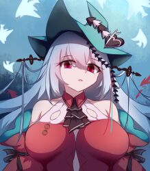 Rule 34 | 1girl, absurdres, aqua hat, arknights, ascot, bare shoulders, black ascot, breasts, detached sleeves, dior-zi, dress, fish, grey hair, hair between eyes, hat, headgear, highres, large breasts, long hair, looking at viewer, official alternate costume, parted lips, red dress, red eyes, red sleeves, skadi (arknights), skadi the corrupting heart (arknights), sleeveless, sleeveless dress, solo, upper body