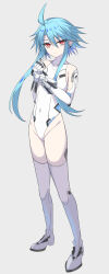Rule 34 | 1girl, ahoge, bare shoulders, blue hair, boots, breasts, covered navel, detached wings, elbow gloves, full body, gauntlets, gloves, hair between eyes, heattech leotard, highleg, highleg leotard, highres, leotard, light blue hair, long hair, looking at viewer, neptune (series), power symbol, power symbol-shaped pupils, ray 726, red eyes, short hair with long locks, sidelocks, skin tight, small breasts, solo, symbol-shaped pupils, thigh boots, thighhighs, turtleneck, white footwear, white gloves, white heart (neptunia), white leotard, wings