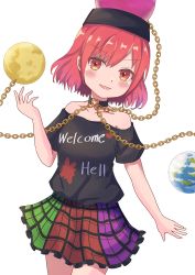 Rule 34 | 1girl, :d, absurdres, bare shoulders, blush, breasts, chain, clothes writing, collar, earth (ornament), green skirt, hecatia lapislazuli, high meron, highres, looking at viewer, miniskirt, moon, moon (ornament), off-shoulder shirt, off shoulder, open mouth, parted lips, plaid, plaid skirt, red eyes, red hair, shirt, skirt, smile, solo, t-shirt, touhou, underworld (ornament)