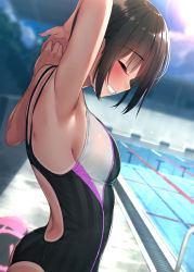 Rule 34 | 1girl, armpits, arms behind head, black one-piece swimsuit, breasts, brown hair, closed eyes, competition swimsuit, day, highres, kickboard, lens flare, medium breasts, medium hair, multicolored clothes, multicolored swimsuit, one-piece swimsuit, original, outdoors, pool, poolside, rerrere, sideboob, sidelocks, smile, solo, standing, stretching, swimsuit, tan, tanline, teeth, upper body