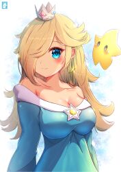 Rule 34 | 1girl, arms behind back, artist logo, bare shoulders, blonde hair, blue eyes, breasts, chinchongcha, cleavage, closed mouth, collarbone, commentary, crown, dot nose, dress, earrings, english commentary, hair over one eye, highres, jewelry, long hair, long sleeves, looking at viewer, luma (mario), mario (series), medium breasts, mini crown, nintendo, off-shoulder dress, off shoulder, parted bangs, puffy long sleeves, puffy sleeves, rosalina, shadow, solo, sparkle, split mouth, super mario galaxy, upper body