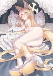 Rule 34 | 1girl, animal ear fluff, animal ears, blonde hair, blue archive, bow, cross halo, dress, flower wreath, forehead, fox ears, gradient eyes, hair bow, halo, high heels, highres, long hair, lying, multicolored eyes, n4gare b0shi, on bed, on side, open mouth, panties, pantyhose, pillow, seia (blue archive), sleeve bow, sleeves past fingers, sleeves past wrists, striped clothes, striped pantyhose, topless, underwear, unworn dress, vertical-striped clothes, vertical-striped pantyhose, white bow, white dress, white panties, yellow halo