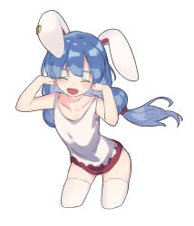 Rule 34 | 1girl, :d, animal ears, arms up, blue eyes, blue hair, breasts, closed eyes, contrapposto, earrings, highres, jewelry, long hair, open mouth, rabbit ears, rabbit girl, red shorts, seiran (touhou), shayuheisi, shirt, shorts, simple background, sleeveless, sleeveless shirt, small breasts, smile, solo, thighhighs, touhou, white background, white shirt