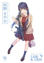 Rule 34 | 1girl, 2023, artist logo, bag, black socks, blue eyes, blue hair, blue ribbon, brown footwear, brown jacket, character name, full body, gun, highres, hiroki ree, holding, holding bag, jacket, link! like! love live!, loafers, long hair, looking at viewer, love live!, low twintails, murano sayaka, neckerchief, parted lips, red neckerchief, red serafuku, ribbon, sailor collar, school uniform, serafuku, shoes, simple background, socks, solo, twintails, waving, weapon, white background, white sailor collar