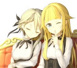 Rule 34 | 2girls, ange (princess principal), blonde hair, couch, couple, closed eyes, finger to mouth, grey hair, habu., leaning on person, long hair, multiple girls, one eye closed, princess (princess principal), princess principal, short hair, sitting, sleeping, yuri
