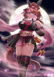 Rule 34 | 1girl, absurdres, animal ears, black gloves, blue eyes, blush, braid, breasts, brown hair, cleavage, commentary request, fingerless gloves, fishnet thighhighs, fishnets, full moon, gloves, hand on own knee, heart, heart-shaped pupils, highres, horse ears, horse girl, horse tail, japanese clothes, large breasts, looking at viewer, moon, moyashi (pixiv44153669), ninja, obi, open mouth, outdoors, sash, scarf, short hair, shuriken hair ornament, solo, super creek (umamusume), symbol-shaped pupils, tail, thighhighs, umamusume