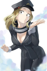 Rule 34 | 1girl, absurdres, black bodysuit, blonde hair, bodysuit, boku no hero academia, breasts, brown eyes, cleavage, fengling (furin-jp), fog, hand up, hat, highres, leaning forward, long hair, looking at viewer, medium breasts, parted lips, partially unzipped, peaked cap, solo, standing, superhero costume, utsushimi kemii, white background