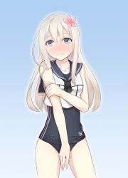 Rule 34 | 1girl, bare back, bare shoulders, blue eyes, blush, cosplay, cowboy shot, embarrassed, flower, hair flower, hair ornament, kantai collection, long hair, looking at viewer, md5 mismatch, neckerchief, one-piece swimsuit, pale skin, ro-500 (kancolle) (cosplay), ro-500 (kancolle), sailor collar, school swimsuit, seatollead, solo, swimsuit, swimsuit under clothes, tears, u-511 (kancolle), white hair