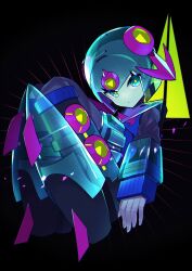 Rule 34 | 1girl, aqua eyes, aqua skin, black background, commentary request, full body, highres, joints, looking at viewer, mechanical hair, original, perstzee, robot girl, robot joints, see-through, short hair, solo