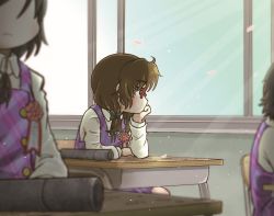 Rule 34 | 3girls, brown hair, chamaji, cherry blossoms, collared shirt, expressionless, glasses, hair ribbon, highres, indoors, light rays, looking to the side, low twintails, multiple girls, plaid, plaid vest, ribbon, school uniform, shirt, touhou, twintails, usami sumireko, vest, yellow eyes