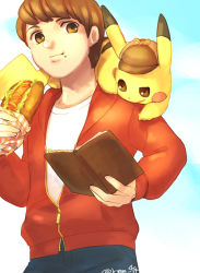 Rule 34 | 1boy, book, brown eyes, brown hair, clothed pokemon, commentary request, creature, creatures (company), deerstalker, detective pikachu, detective pikachu (character), detective pikachu (game), food, game freak, gen 1 pokemon, hat, holding, holding book, holding food, hot dog, kimimi (kmm), male focus, nintendo, on shoulder, open book, pikachu, pokemon, pokemon (creature), pokemon on shoulder, signature, tim goodman, zipper