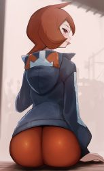 Rule 34 | 1girl, :p, absurdres, arezu (pokemon), arm support, ass, blue jacket, blush, breasts, creatures (company), game freak, grin, highres, hood, hood down, hoodie, jacket, kataku musou, long sleeves, looking at viewer, looking back, nintendo, outdoors, pants, pantyhose, pokemon, pokemon legends: arceus, red eyes, red hair, red pantyhose, sitting, sky, smile, solo, thick thighs, thighs, tight clothes, tongue, tongue out