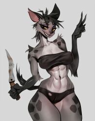 Rule 34 | 1girl, 2023, abs, anthropod girl, athletic anthro, athletic female, bad tag, clothes, colored sclera, crop top, dagger, disney, female focus, furry, furry female, gesture, grey background, grin, hair ornament, hand gesture, holding, holding dagger, holding knife, holding weapon, hyena, hyena ears, hyena girl, hyena tail, john fox, knife, looking at viewer, navel, portrait, shenzi, shenzi (lion king), shirt, simple background, smile, spots, spotted hyena, tail, the lion king, thick thighs, thighs, three-quarter portrait, v　sign, weapon, wide hips, yellow sclera