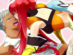 1boy 1girl bare_shoulders breasts grey_eyes grey_hair long_hair loni_dunamis midriff nanaly_fletch red_eyes red_hair short_hair tales_of_(series) tales_of_destiny tales_of_destiny_2 twintails