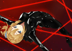 Rule 34 | 1girl, absurdres, acrobatics, arched back, ass, backflip, blonde hair, blue eyes, bodysuit, breasts, catsuit, collarbone, commentary request, dodging, full body, hair between eyes, hayasaka ai, highres, hood, hooded bodysuit, huge filesize, kaguya-sama wa kokurasetai ~tensai-tachi no renai zunousen~, laser, laser, latex, latex suit, legs, long hair, looking at viewer, louie (sun737373), medium breasts, outstretched arms, parted lips, scrunchie, shiny clothes, side ponytail, sidelocks, skin tight, solo, sparks, spread arms, thighs