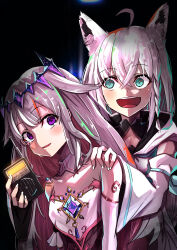 Rule 34 | 2girls, absurdres, ahoge, animal ear fluff, animal ears, blush, braid, bridal gauntlets, collar, colored inner hair, commentary request, detached collar, dress, fox ears, fox girl, green eyes, grey hair, hair between eyes, hand on another&#039;s shoulder, highres, hololive, hololive english, koseki bijou, koseki bijou (1st costume), long hair, looking at another, multicolored hair, multiple girls, nanakusa ayame, open mouth, phasmophobia, pink hair, purple eyes, shirakami fubuki, shirakami fubuki (1st costume), sidelocks, single braid, single bridal gauntlet, sweatdrop, virtual youtuber, white bridal gauntlets, white collar, white dress, white hair