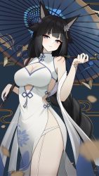 Rule 34 | 1girl, absurdres, bare shoulders, black hair, blue eyes, blue nails, blue umbrella, braid, breasts, cleavage, commentary, commission, copyright request, dress, highres, holding, holding smoking pipe, holding umbrella, inor2i, kiseru, long hair, looking at viewer, medium breasts, nail polish, oil-paper umbrella, panties, parted lips, pelvic curtain, sakae izumi, second-party source, single braid, skeb commission, sleeveless, sleeveless dress, smoking pipe, solo, umbrella, underwear, very long hair, virtual youtuber, white dress, white panties