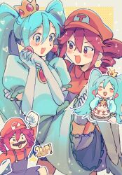Rule 34 | 1up, 2girls, absurdres, arm up, bloomers, blue eyes, blue hair, blush stickers, cake, carrying, closed eyes, cosplay, crown, dress, drill hair, earrings, elbow gloves, food, frilled dress, frills, gloves, hat, hatsune miku, highres, holding, holding cake, holding food, jewelry, kasane teto, kira (marshukitty), long hair, mario, mario (cosplay), mario (series), multiple girls, nintendo, open mouth, pink eyes, pink hair, princess carry, princess peach, princess peach (cosplay), puffy short sleeves, puffy sleeves, red hat, short sleeves, smile, twin drills, twintails, underwear, utau, very long hair, vocaloid, white bloomers, white dress, white gloves