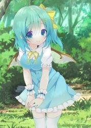 Rule 34 | 1girl, blue dress, blue eyes, blush, bow, breasts, bush, daiyousei, day, dress, fairy wings, forest, green hair, hair bow, hair ornament, hairclip, kokorominton, large breasts, looking at viewer, nature, outdoors, side ponytail, smile, solo, thighhighs, touhou, tree, v arms, white thighhighs, wings, wrist cuffs
