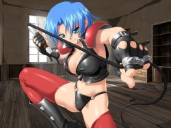 Rule 34 | 1girl, aqua eyes, armor, blue eyes, blue hair, boots, breasts, cleavage, cleavage cutout, clothing cutout, fingerless gloves, game cg, gloves, grin, ikazuchi no senshi raidy, jacket, kazuma muramasa, large breasts, leather, leather jacket, matching hair/eyes, red leather, short hair, smile, solo, spiked gloves, spikes, thighhighs, whip