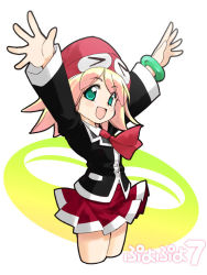 Rule 34 | 1girl, :d, amitie (puyopuyo), arms up, ascot, beanie, blonde hair, copyright name, cowboy shot, cropped legs, flipped hair, green eyes, hat, madou monogatari, open mouth, outstretched arms, pleated skirt, puyopuyo, puyopuyo 7, puyopuyo fever, school uniform, short hair, skirt, smile, solo, tessai