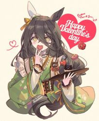 Rule 34 | 1girl, black hair, blush, candy, chocolate, chocolate heart, closed mouth, covering own mouth, cropped torso, english text, flat chest, food, green kimono, hair between eyes, happy valentine, heart, holding, holding tray, japanese clothes, kimono, long hair, long sleeves, looking at viewer, manhattan cafe (umamusume), manhattan cafe (verdant night) (umamusume), name tag, shirt, signature, smile, solo, tray, umamusume, upper body, welchino, white shirt, wide sleeves, yellow background, yellow eyes